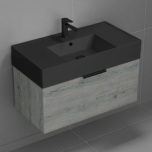 Grey Oak Bathroom Vanity With Black Sink, Modern, 32", Wall Mounted