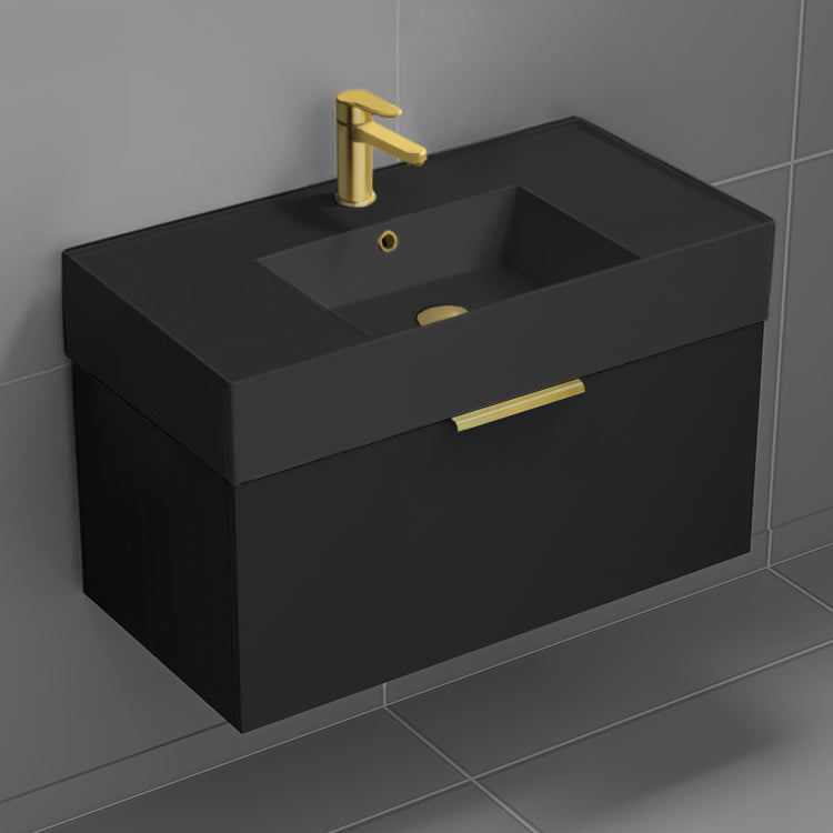 Black Bathroom Vanity With Black Sink, Floating, Modern, 32"