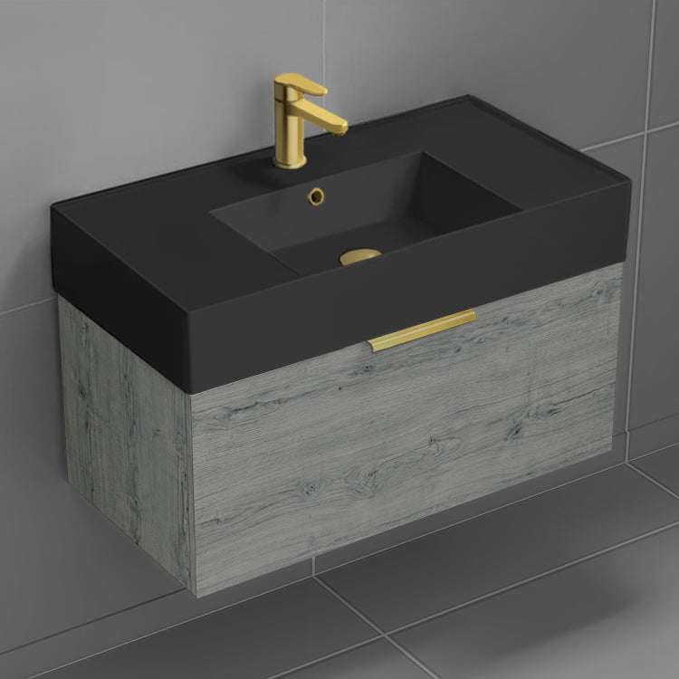 Wall Mounted Bathroom Vanity With Black Sink, Modern, 32", Grey Oak