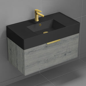 Wall Mounted Bathroom Vanity With Black Sink, Modern, 32", Grey Oak