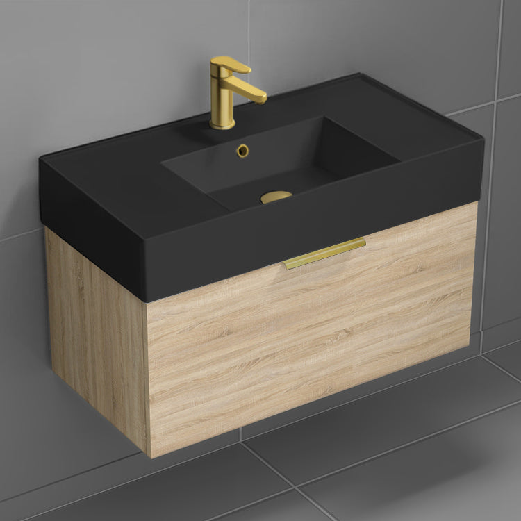 Modern Bathroom Vanity With Black Sink, Wall Mounted, Single, 32", Brown Oak