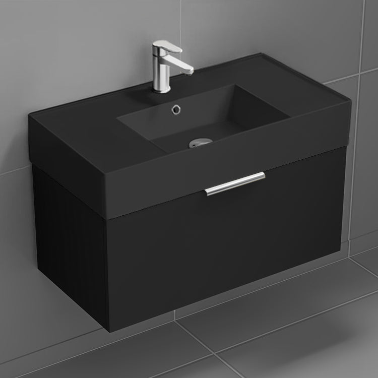 Black Bathroom Vanity With Black Sink, Floating, Modern, 32"