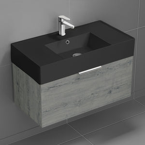 Wall Mounted Bathroom Vanity With Black Sink, Modern, 32", Grey Oak