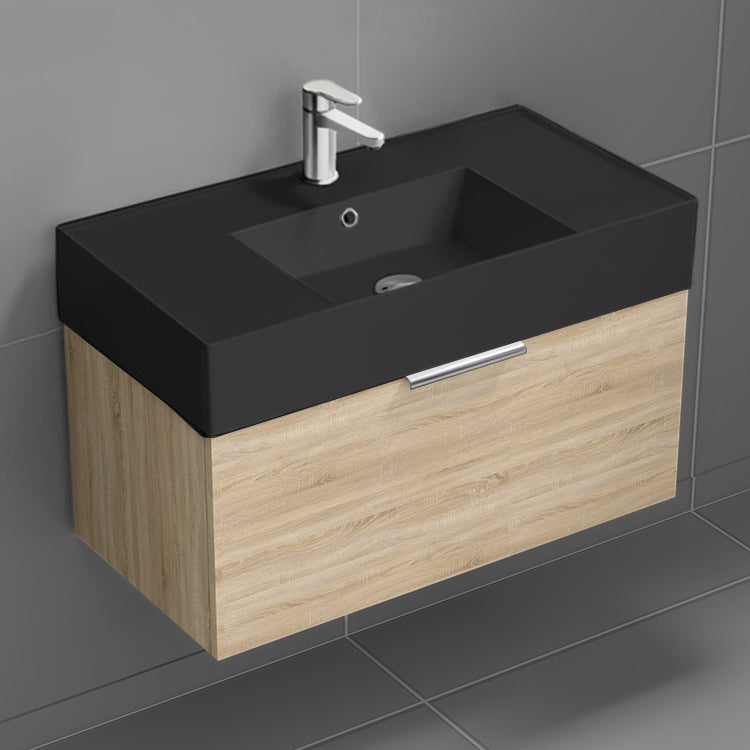 Modern Bathroom Vanity With Black Sink, Wall Mounted, Single, 32", Brown Oak