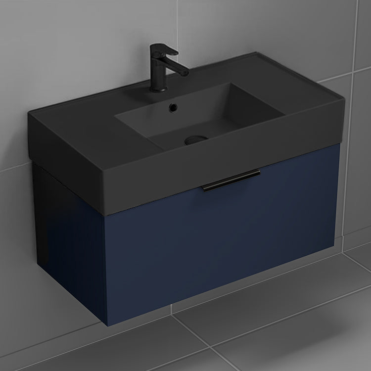 Blue Bathroom Vanity With Black Sink, Floating, 32"