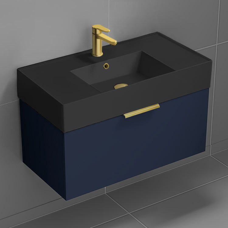 Blue Bathroom Vanity With Black Sink, Floating, 32"