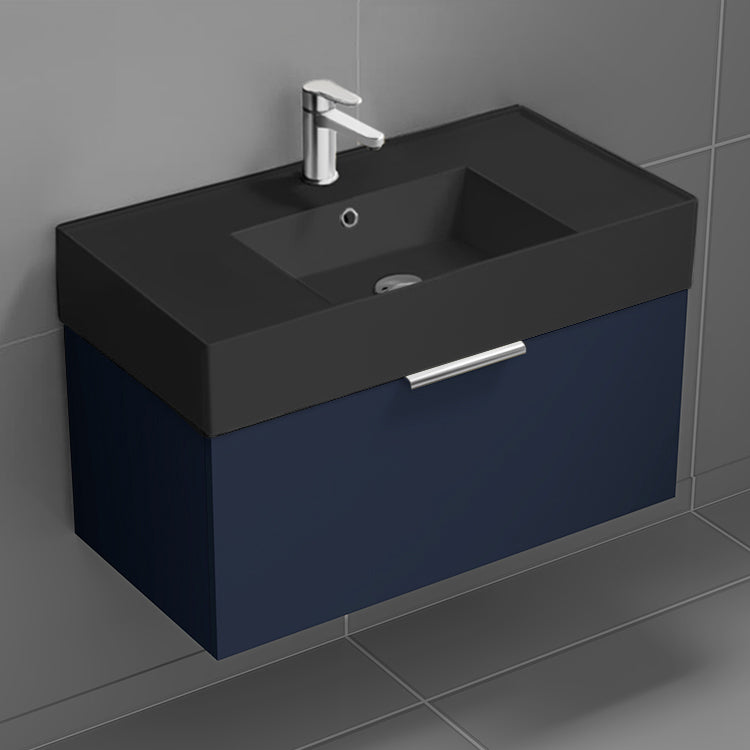 Blue Bathroom Vanity With Black Sink, Floating, 32"