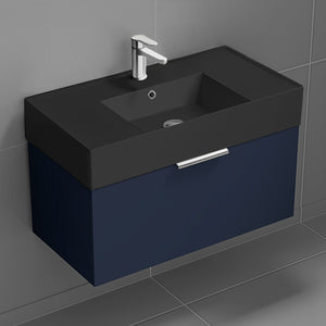 Blue Bathroom Vanity With Black Sink, Floating, 32"