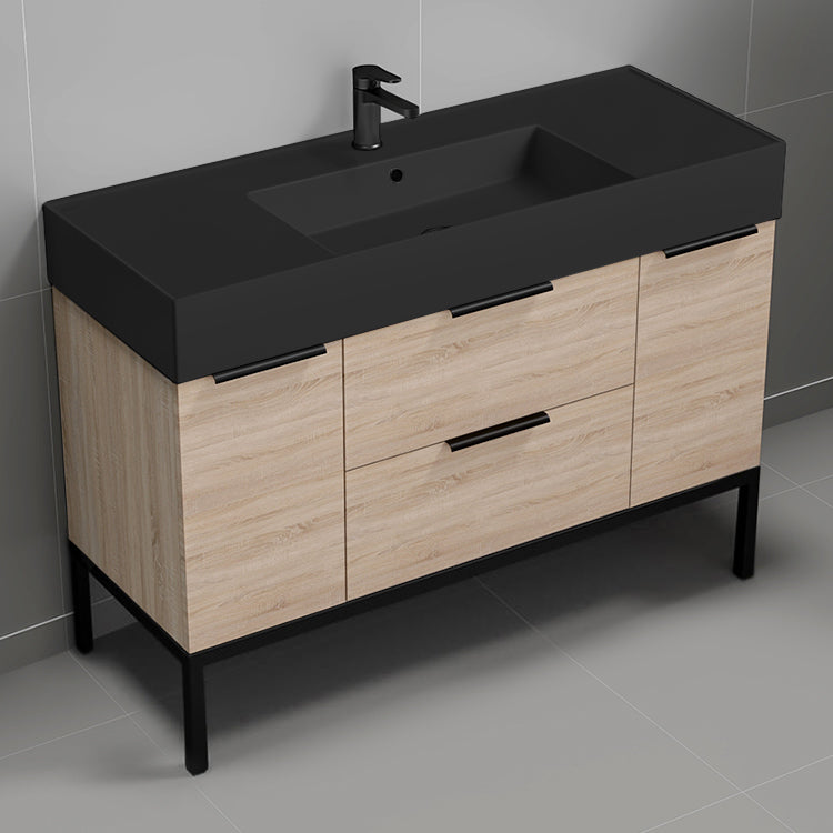 Modern Bathroom Vanity With Black Sink, Free Standing, 48", Brown Oak