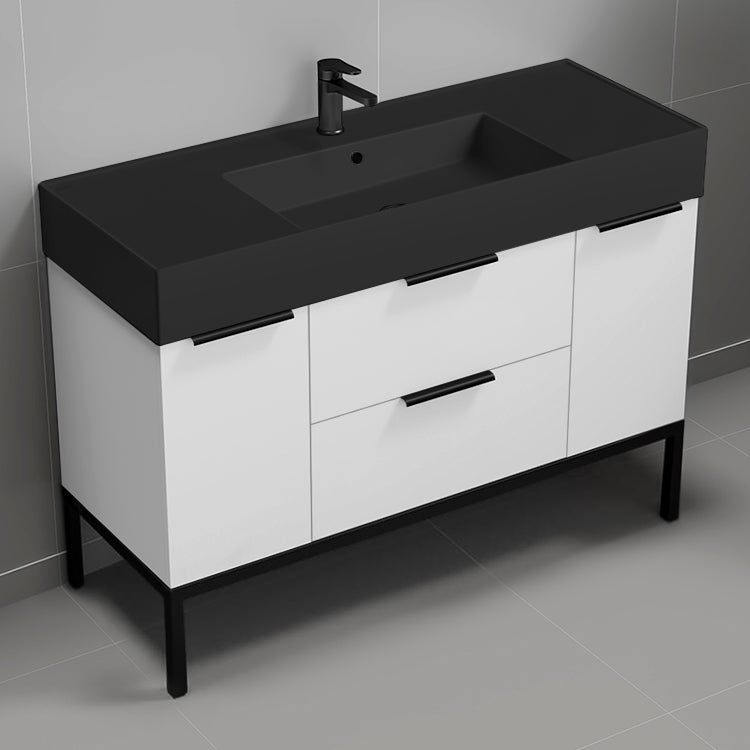 Modern Bathroom Vanity With Black Sink, Floor Standing, 48", Glossy White