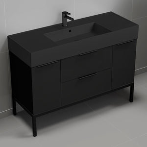 48" Bathroom Vanity With Black Sink, Free Standing, Matte Black