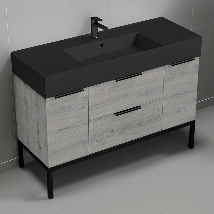 Modern Bathroom Vanity With Black Sink, Floor Standing, 48", Grey Oak