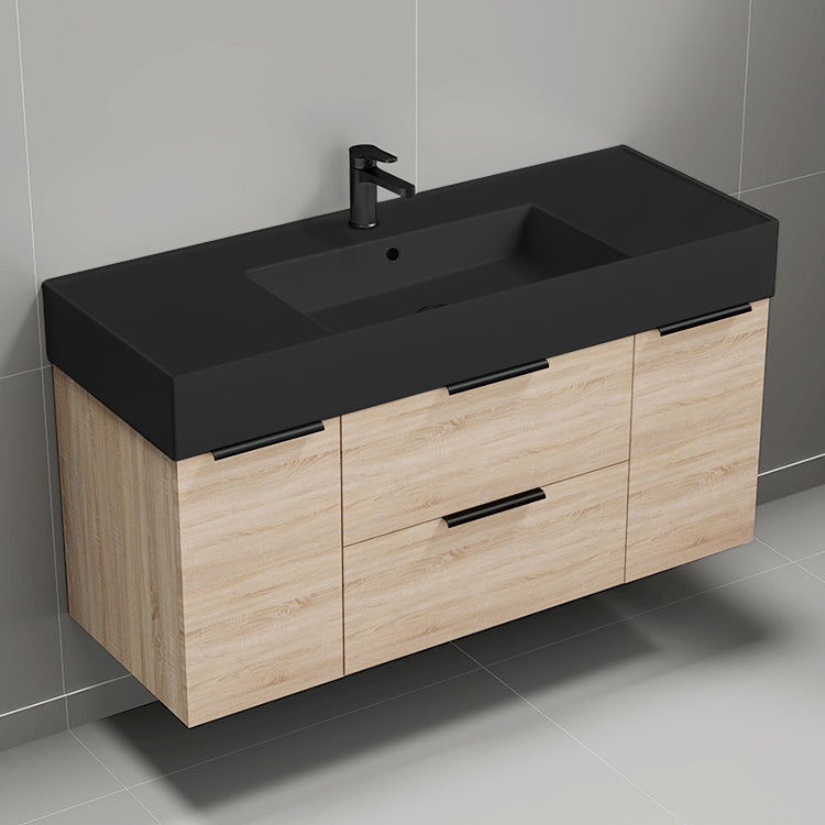 48" Bathroom Vanity With Black Sink, Floating, Brown Oak