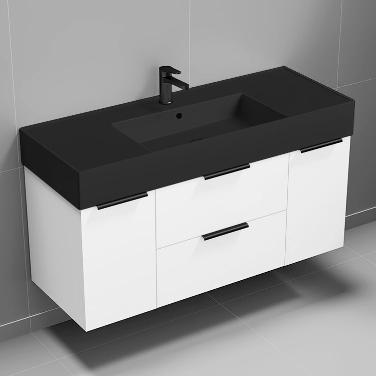 Modern Bathroom Vanity With Black Sink, Wall Mounted, 48", Glossy White