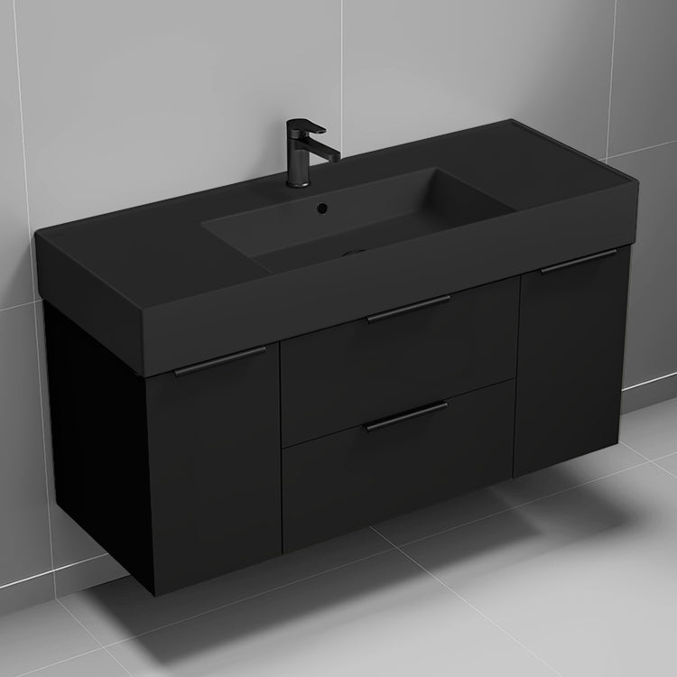 Modern Bathroom Vanity With Black Sink, Wall Mount, 48", Matte Black