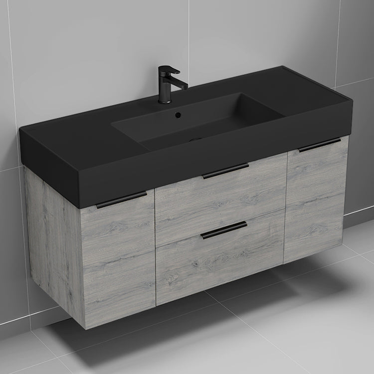 Grey Oak Bathroom Vanity With Black Sink, Wall Mounted, 48", Modern