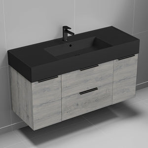 Grey Oak Bathroom Vanity With Black Sink, Wall Mounted, 48", Modern
