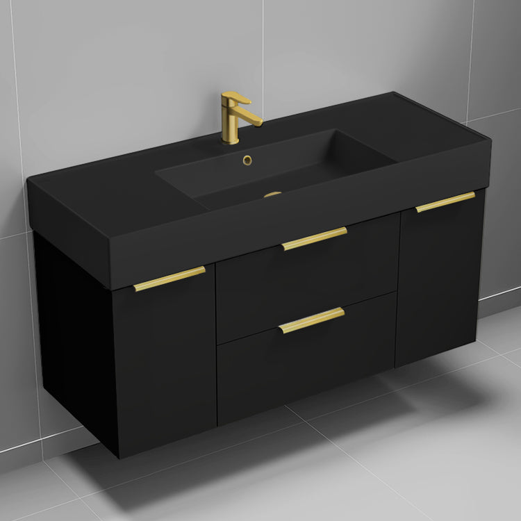 Modern Bathroom Vanity With Black Sink, Wall Mount, 48", Matte Black