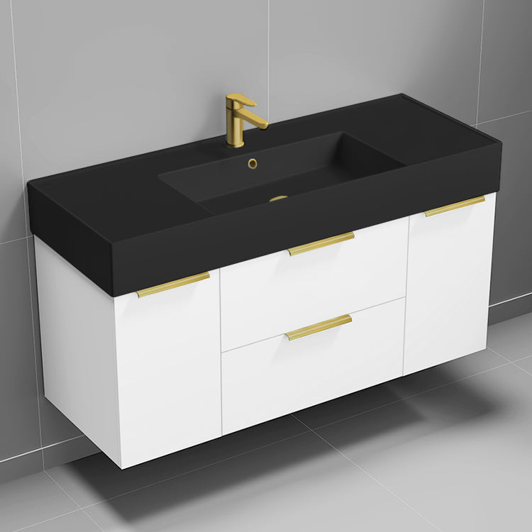 Modern Bathroom Vanity With Black Sink, Wall Mounted, 48", Glossy White