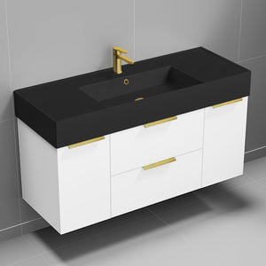 Modern Bathroom Vanity With Black Sink, Wall Mounted, 48", Glossy White