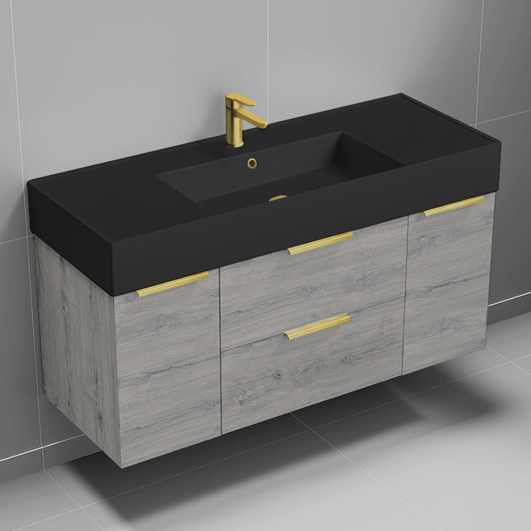 Modern Bathroom Vanity With Black Sink, Wall Mounted, 48", Grey Oak