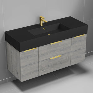 Modern Bathroom Vanity With Black Sink, Wall Mounted, 48", Grey Oak