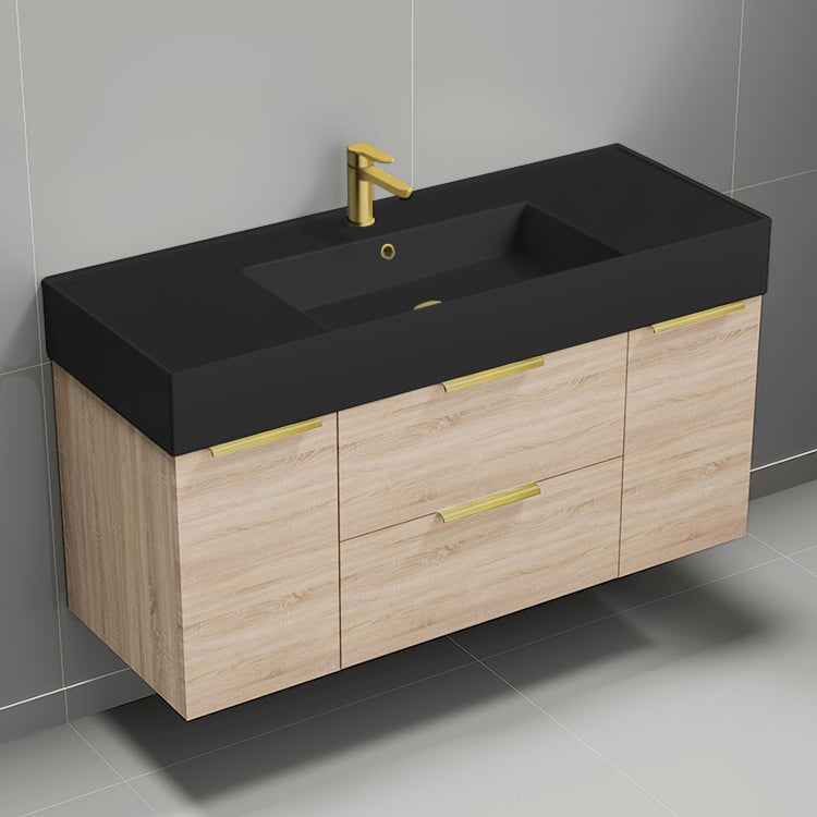 48" Bathroom Vanity With Black Sink, Floating, Brown Oak