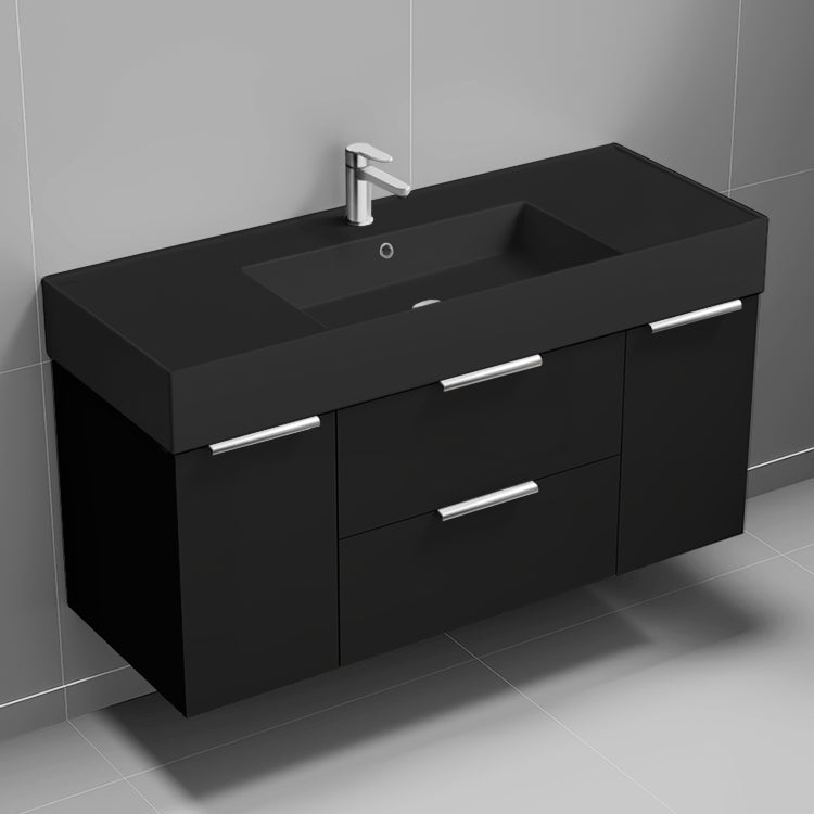 Modern Bathroom Vanity With Black Sink, Wall Mount, 48", Matte Black