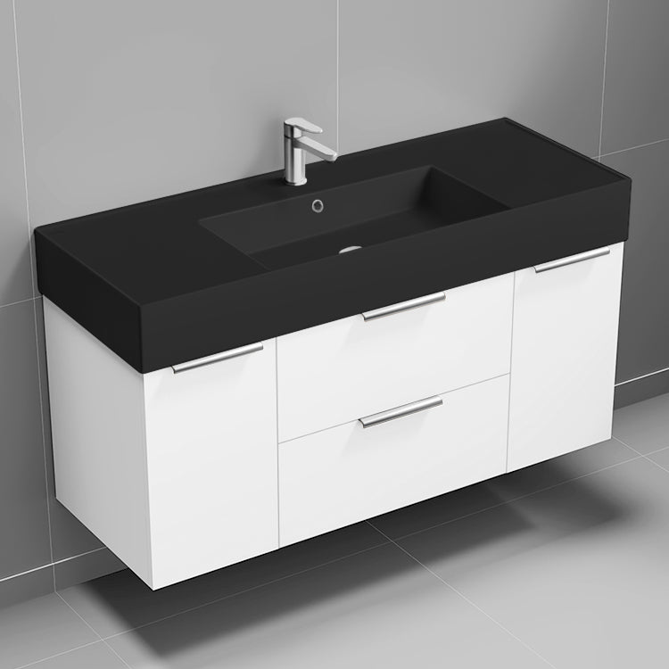 Modern Bathroom Vanity With Black Sink, Wall Mounted, 48", Glossy White