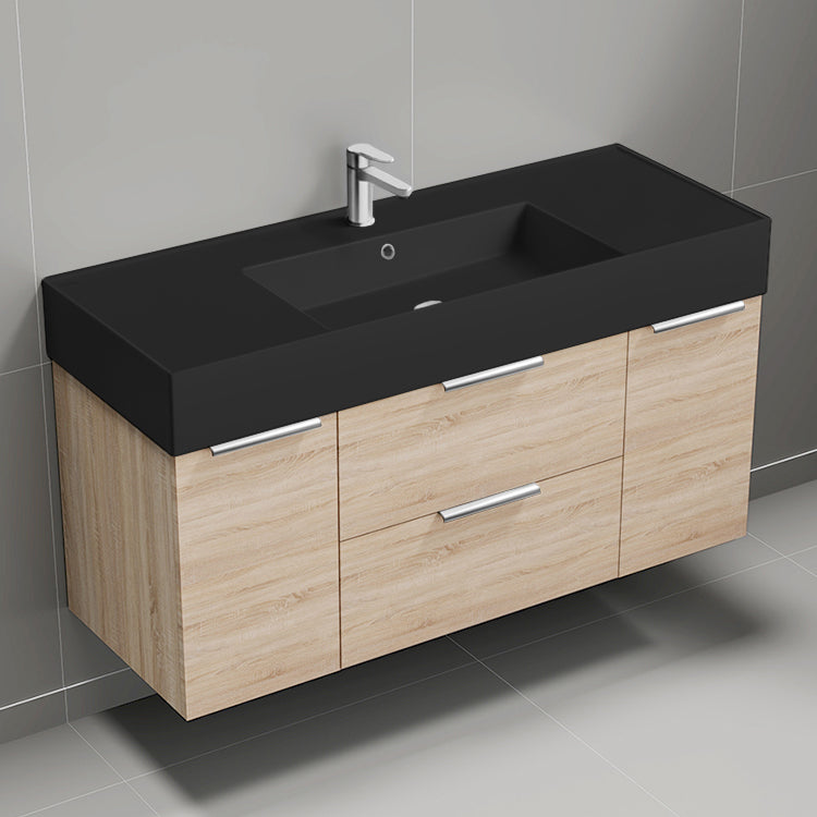 48" Bathroom Vanity With Black Sink, Floating, Brown Oak