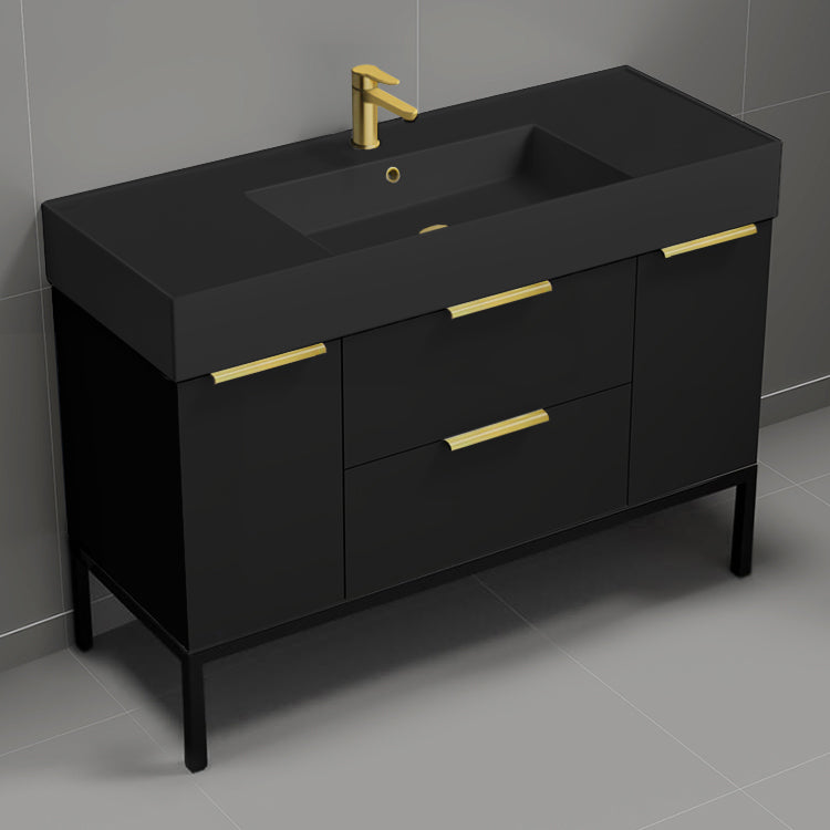 48" Bathroom Vanity With Black Sink, Free Standing, Matte Black