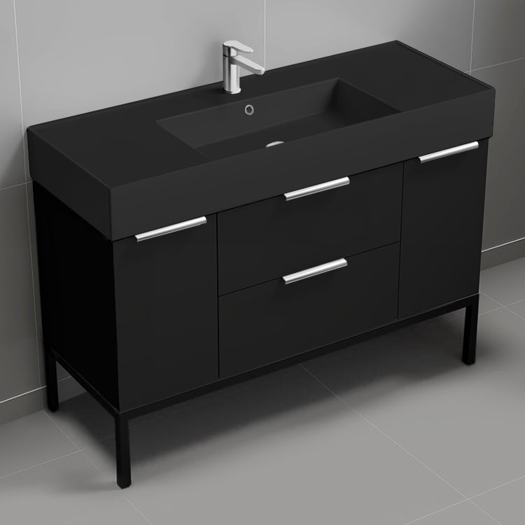 48" Bathroom Vanity With Black Sink, Free Standing, Matte Black