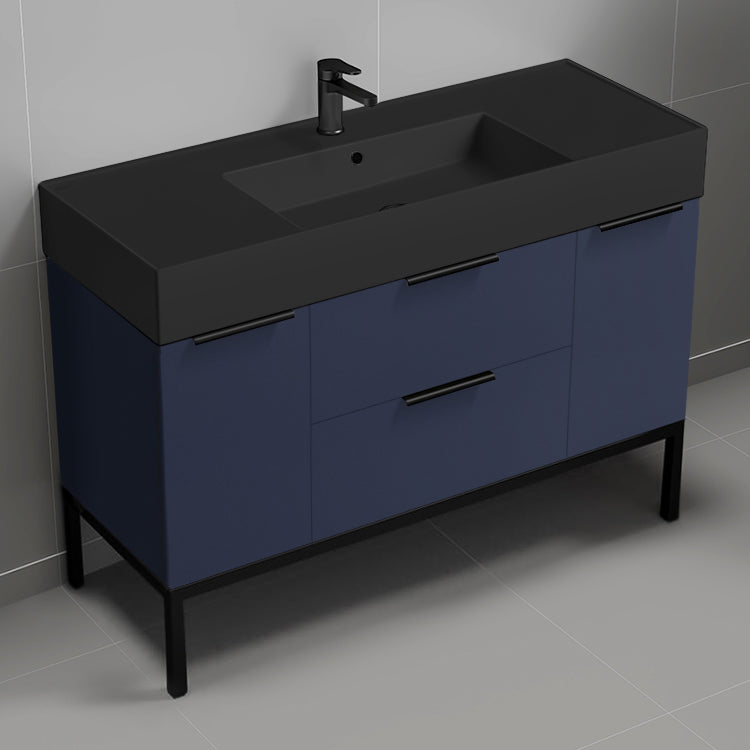 48" Bathroom Vanity With Black Sink, Free Standing, Night Blue