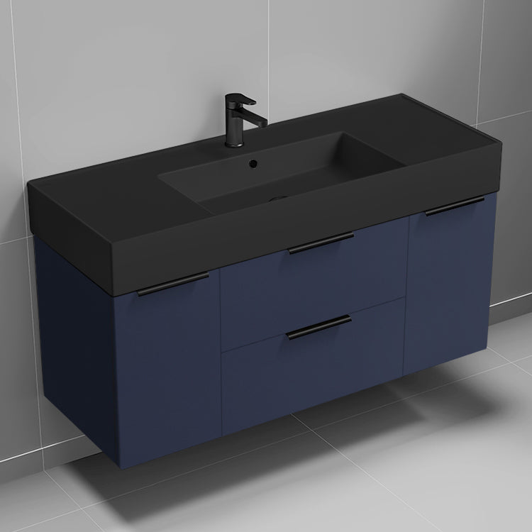 Modern Bathroom Vanity With Black Sink, Wall Mount, 48", Night Blue
