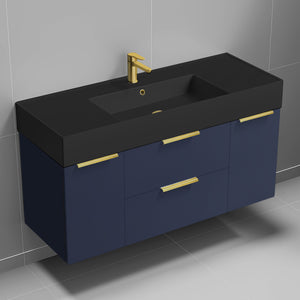 Modern Bathroom Vanity With Black Sink, Wall Mount, 48", Night Blue