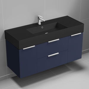 Modern Bathroom Vanity With Black Sink, Wall Mount, 48", Night Blue