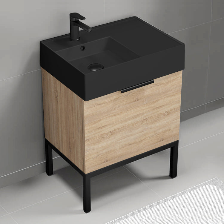 Modern Bathroom Vanity With Black Sink, Free Standing, 24", Brown Oak