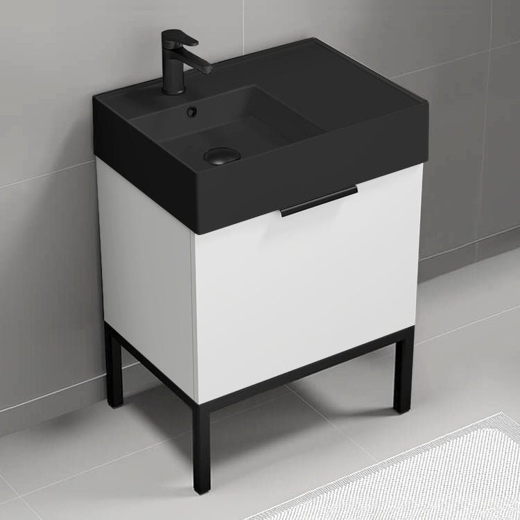 Small Bathroom Vanity With Black Sink, Floor Standing, 24", Glossy White