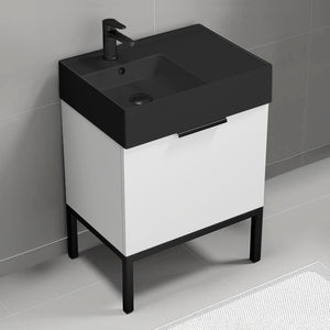 Small Bathroom Vanity With Black Sink, Floor Standing, 24", Glossy White