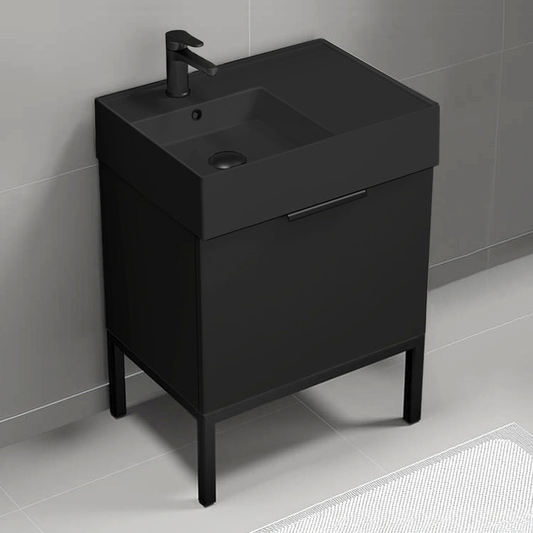 Modern Bathroom Vanity With Black Sink, Free Standing, 24", Matte Black
