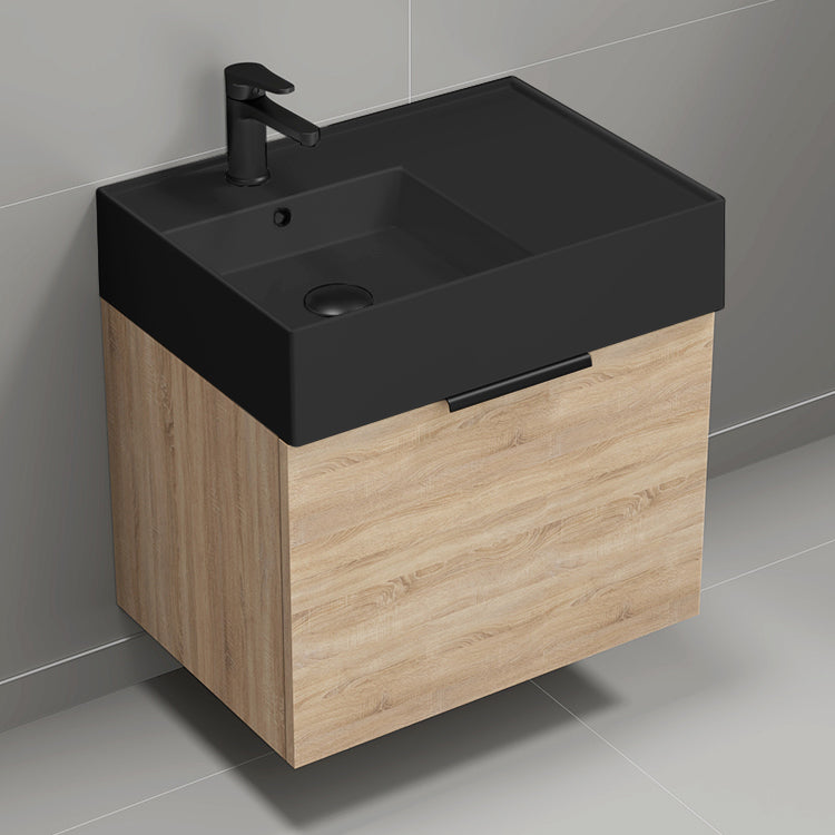 Modern Bathroom Vanity With Black Sink, Small, Floating, 24", Brown Oak