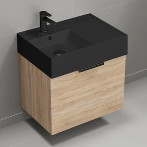 Modern Bathroom Vanity With Black Sink, Small, Floating, 24", Brown Oak