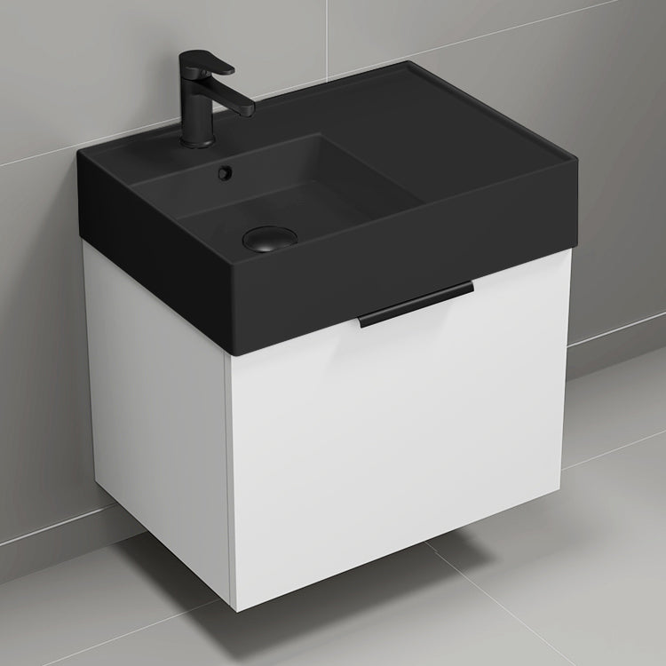 Modern Bathroom Vanity With Black Sink, Wall Mount, 24", Glossy White
