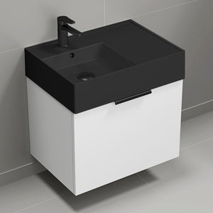 Modern Bathroom Vanity With Black Sink, Wall Mount, 24", Glossy White