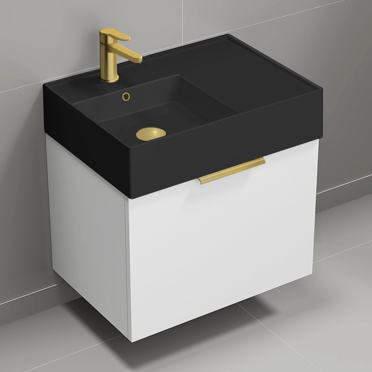 Modern Bathroom Vanity With Black Sink, Wall Mount, 24", Glossy White