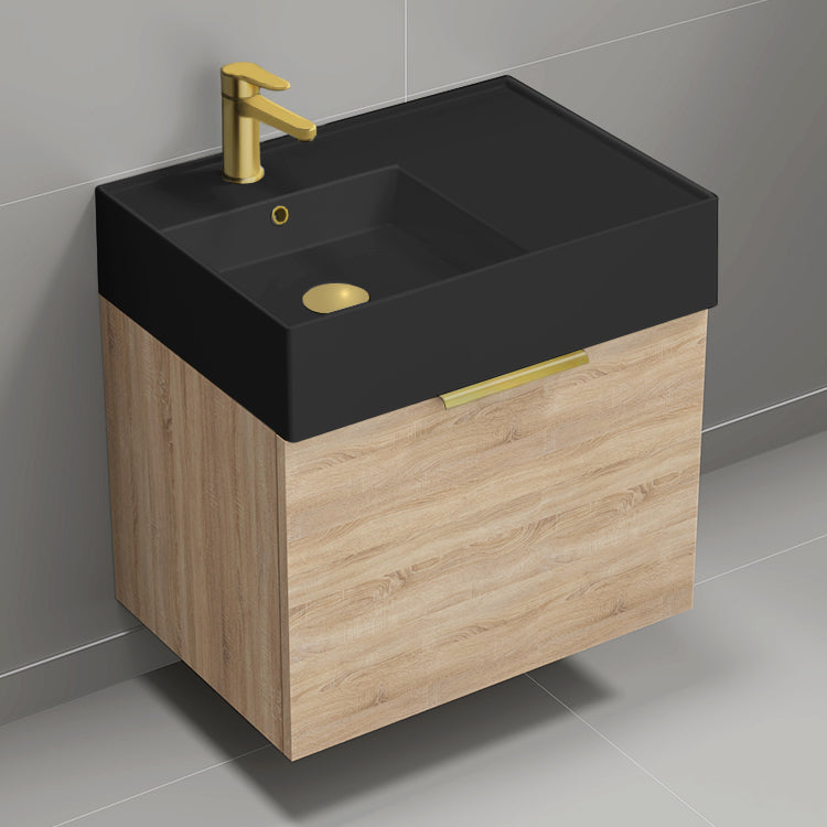 Modern Bathroom Vanity With Black Sink, Small, Floating, 24", Brown Oak