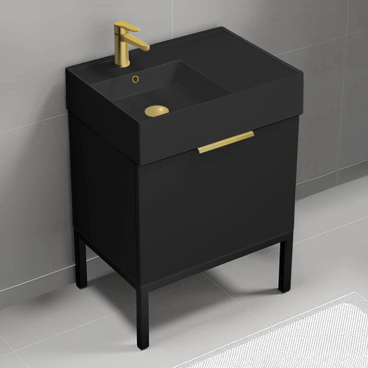 Modern Bathroom Vanity With Black Sink, Free Standing, 24", Matte Black