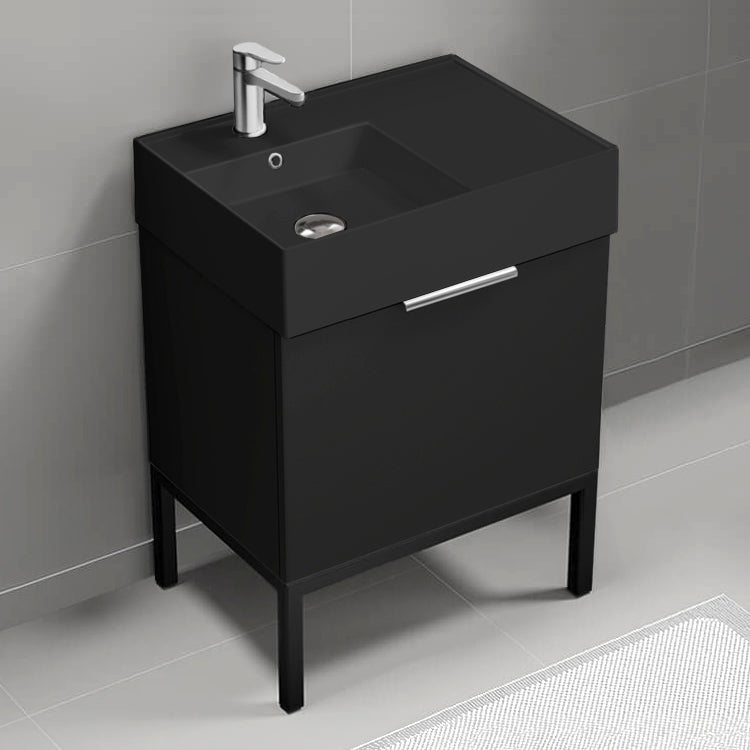 Modern Bathroom Vanity With Black Sink, Free Standing, 24", Matte Black