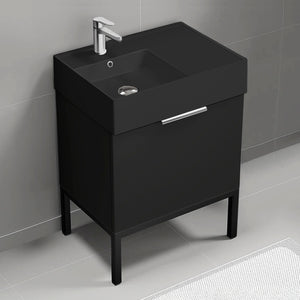 Modern Bathroom Vanity With Black Sink, Free Standing, 24", Matte Black