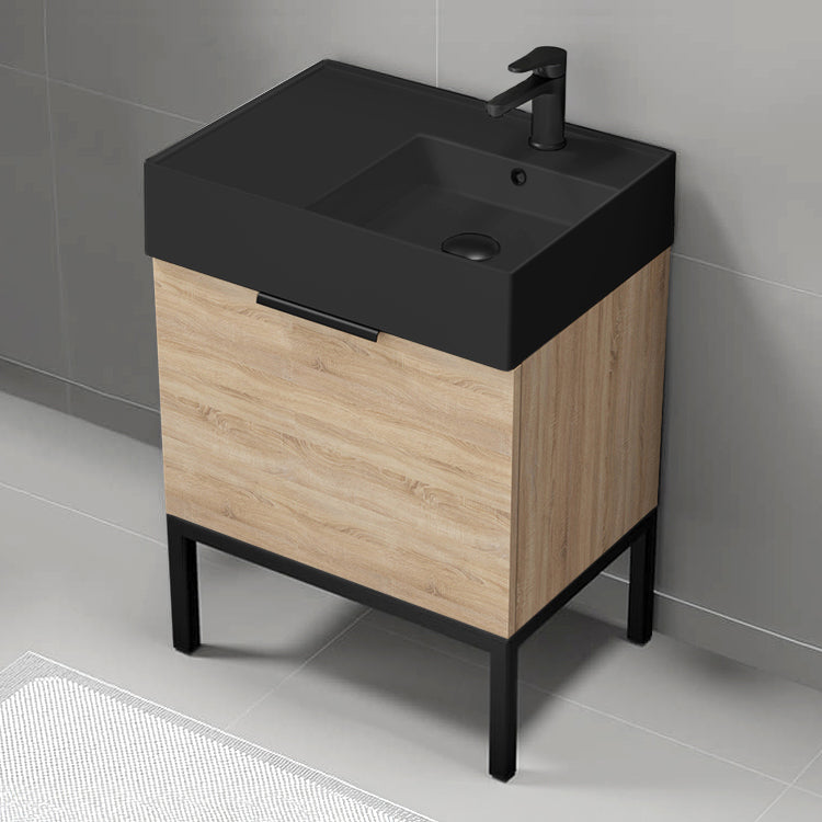 Modern Bathroom Vanity With Black Sink, Free Standing, 24", Brown Oak
